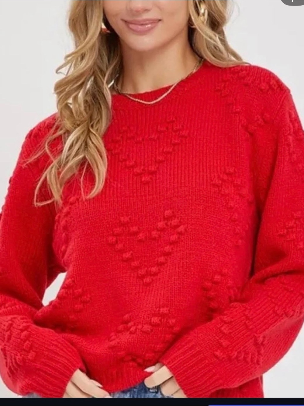 Cozy Red Textured Heart Crewneck Sweater